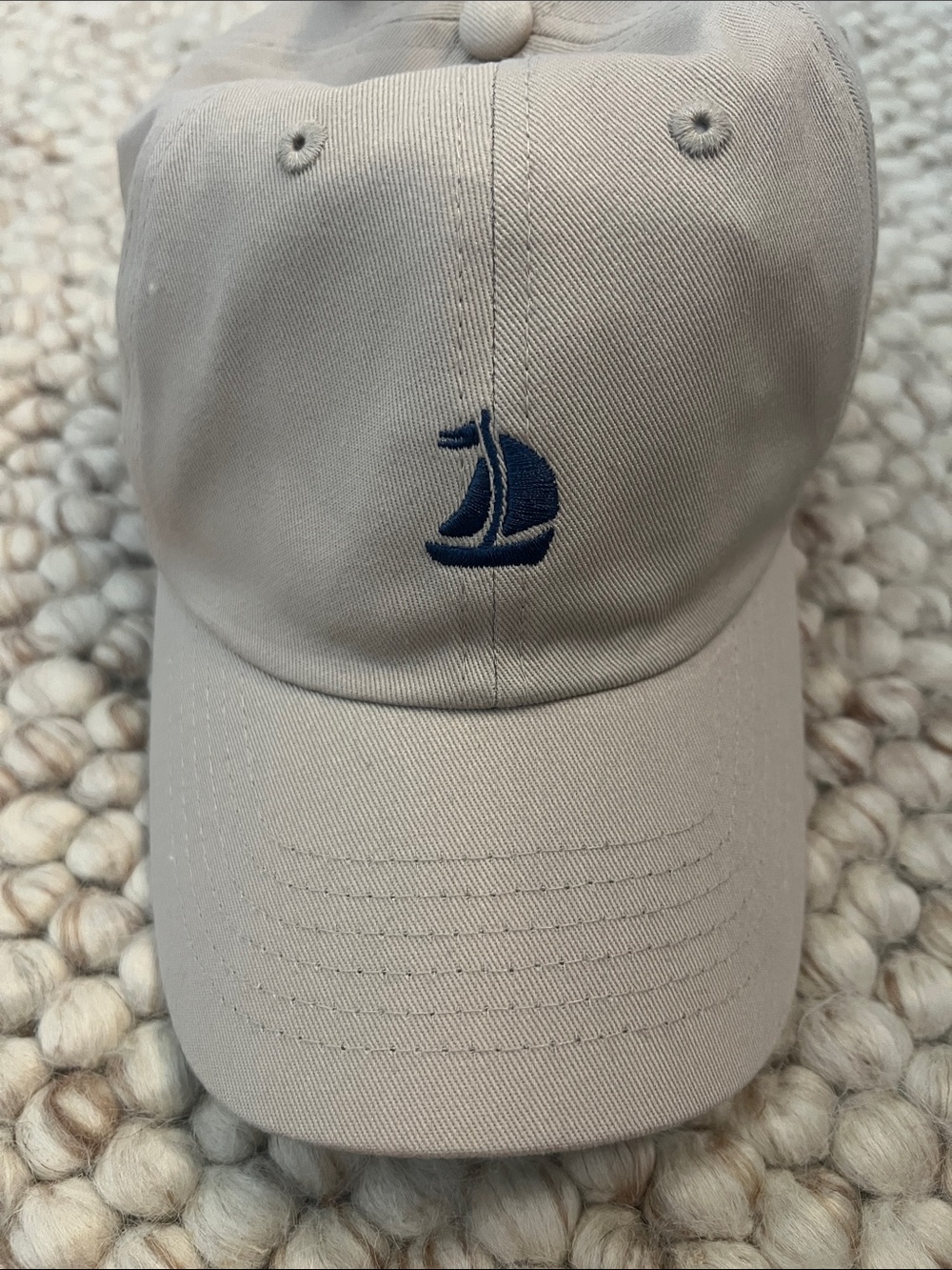 Beige Women/Men Baseball Cap with Navy Sailboat Embroidery